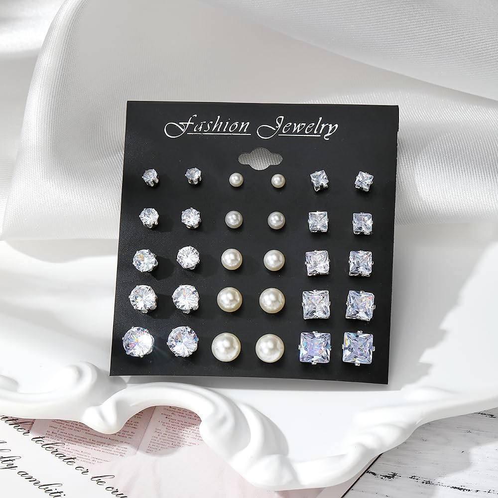 Juego de aretes tipo dormilona de plata para mujer, forma de lágrima triangular, cuadrados, redondos, con forma de lágrima, circonitas cúbicas transparentes, paquete de aretes de joyería de 8