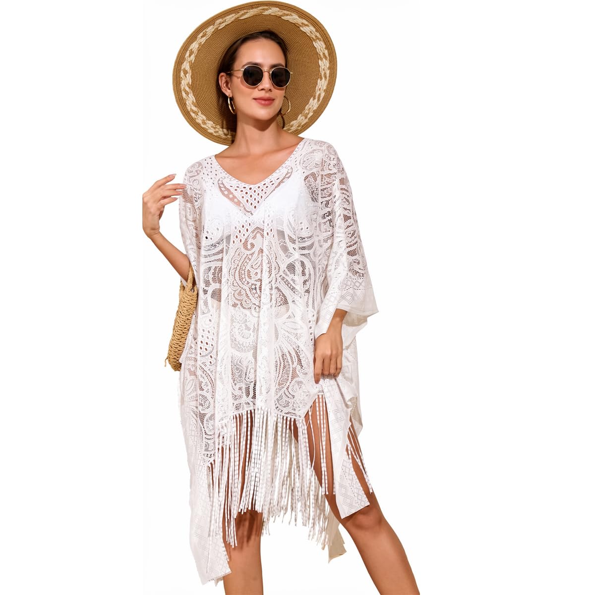 sannidhi Women's Lace Fringe Beach Cover-Up Dress, V-Neck White Crochet Hollow Out Bikini Swimsuit Cover Up, Knee-length Loose Fit Sheer Beachwear Tunic-picture-16