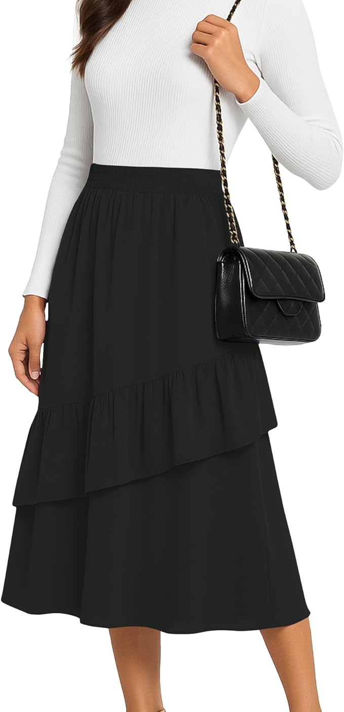 YSYOKOW Womens Midi Skirts 2025 Summer Trendy Ruffle Elastic High Waisted Long Flowy Maxi Skirt with Pockets