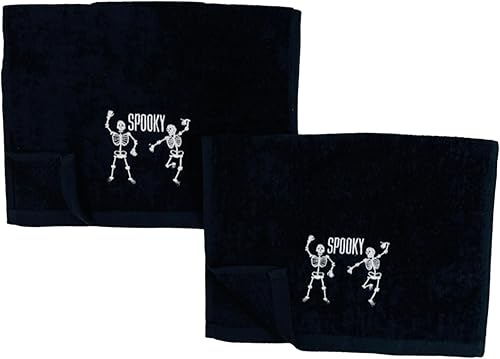 Miniatura 4 de Serafina Home Toallas de baño de Halloween Juego de 2 esqueletos y fantasmas bailarines de algodón de terciopelo negro suave 12 x 18 pulgadas