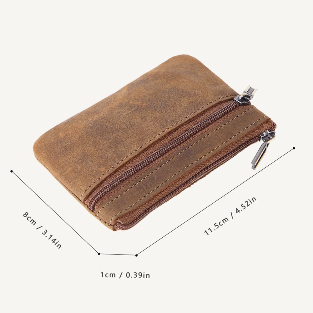 Mens Leather Coin Purse Small Zippered Coin Pouch Cash Change Wallet Portable Money Pouch Credit Card Key Holder with Key Ring Black