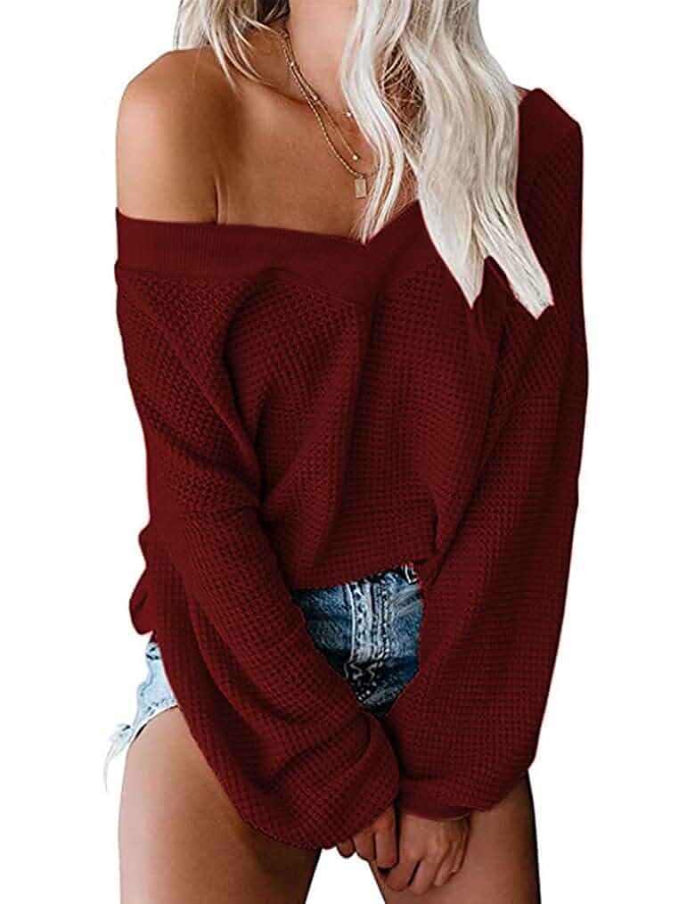 Tobrief V Neck Long Sleeve Waffle Knit Tops Off Shoulder Pullover Sweaters Sweater for Women Trendy,Off The Shoulder Tops,V Neck Long Sleeve Shirts,Waffle Knit Oversized Tunic,Lightweight Fall Outfits