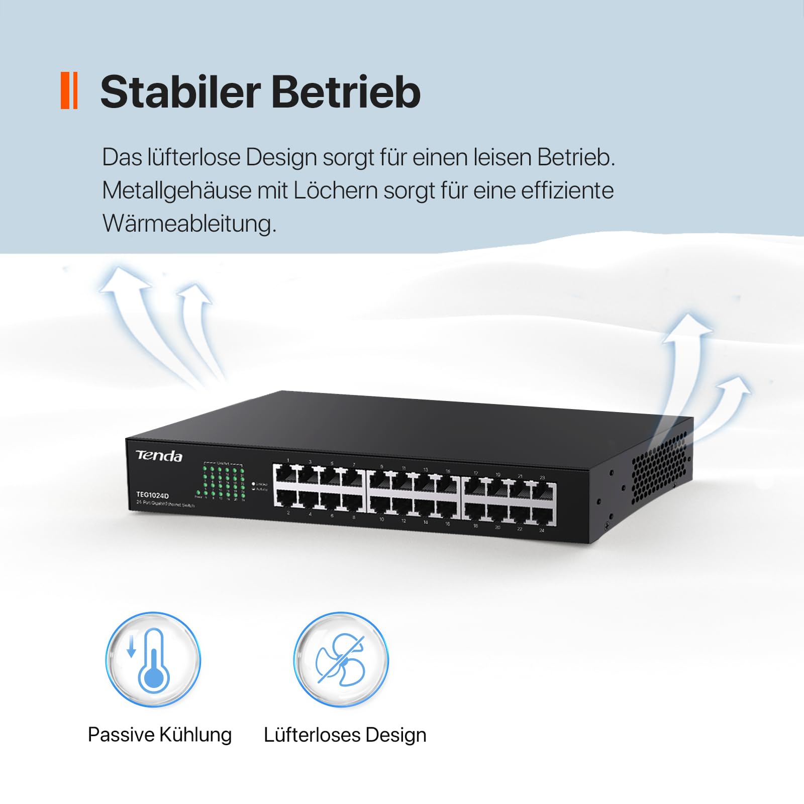 Tenda Gigabit Switch 24 Port Netzwerk Switch 19 Zoll Rackeinbau LAN Switch (Plug-and-Play Ethernet Switch, Lüfterlos, Unmanaged, Rack- / Wandmontage, Metallgehäuse, Schwarz) (TEG1024D)