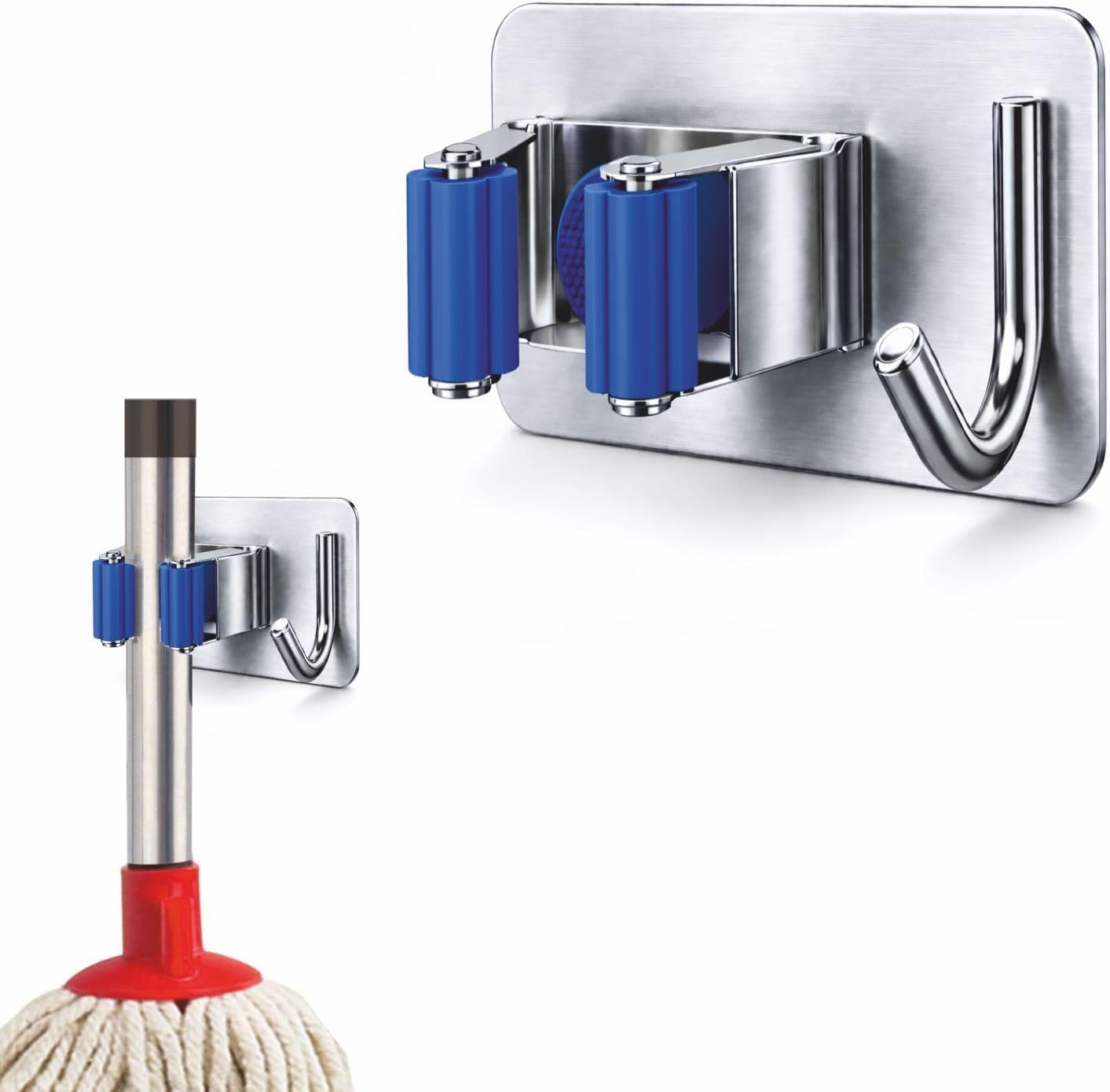 JIALTO 1 Pcs Stainless Steel Broom Holder with Hook - Wall-Mounted Adhesive Storage Solution for Broom Holders, Home, and Kitchen Organization Mop Handles - Blue