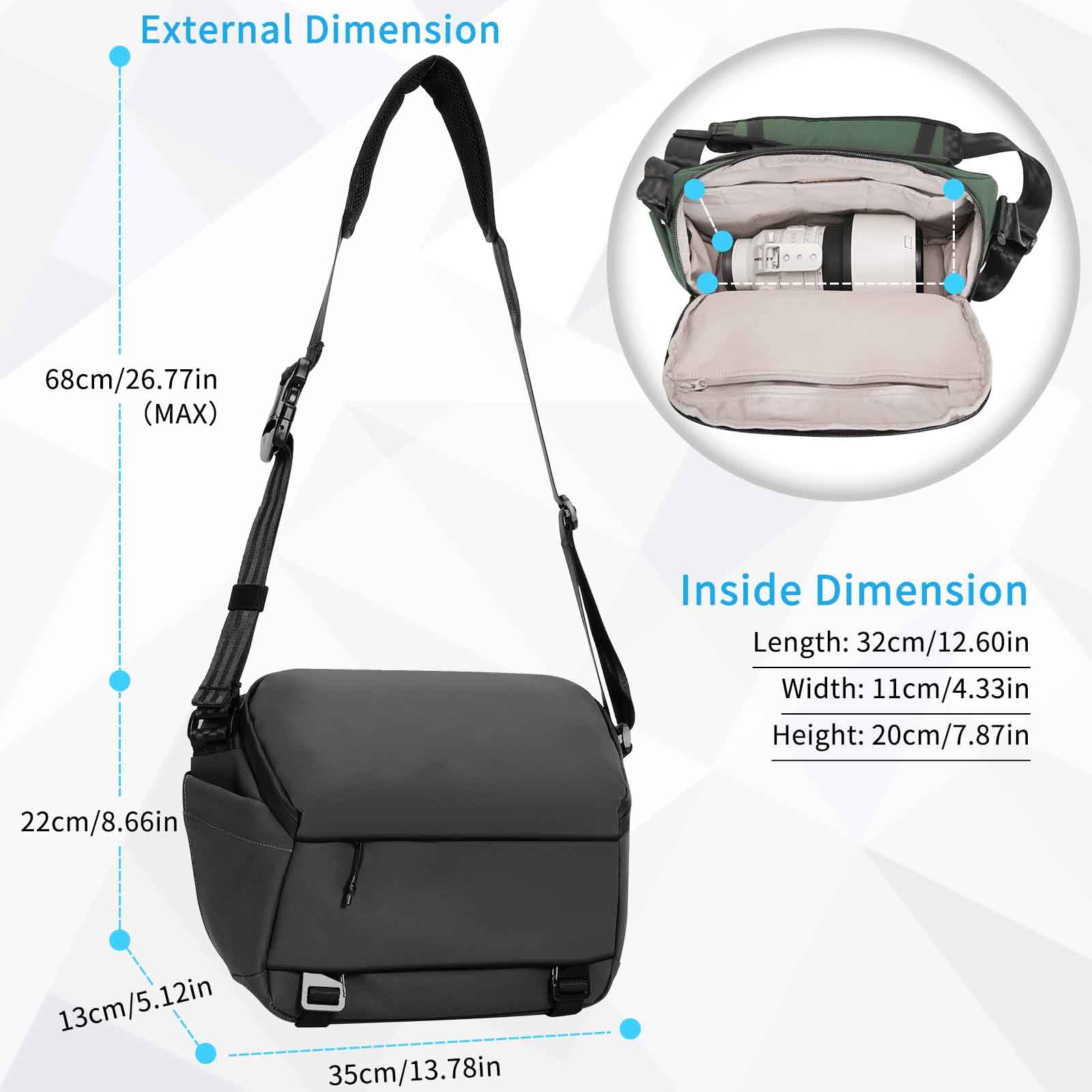 INNOREL CB0612 Borsa a tracolla per fotocamera,Borse impermeabili da viaggio per fotocamere DSLR/SLR/Mirrorless A tracolla per fotografi con supporto per treppiede e inserti modulari rimovibili,Verde