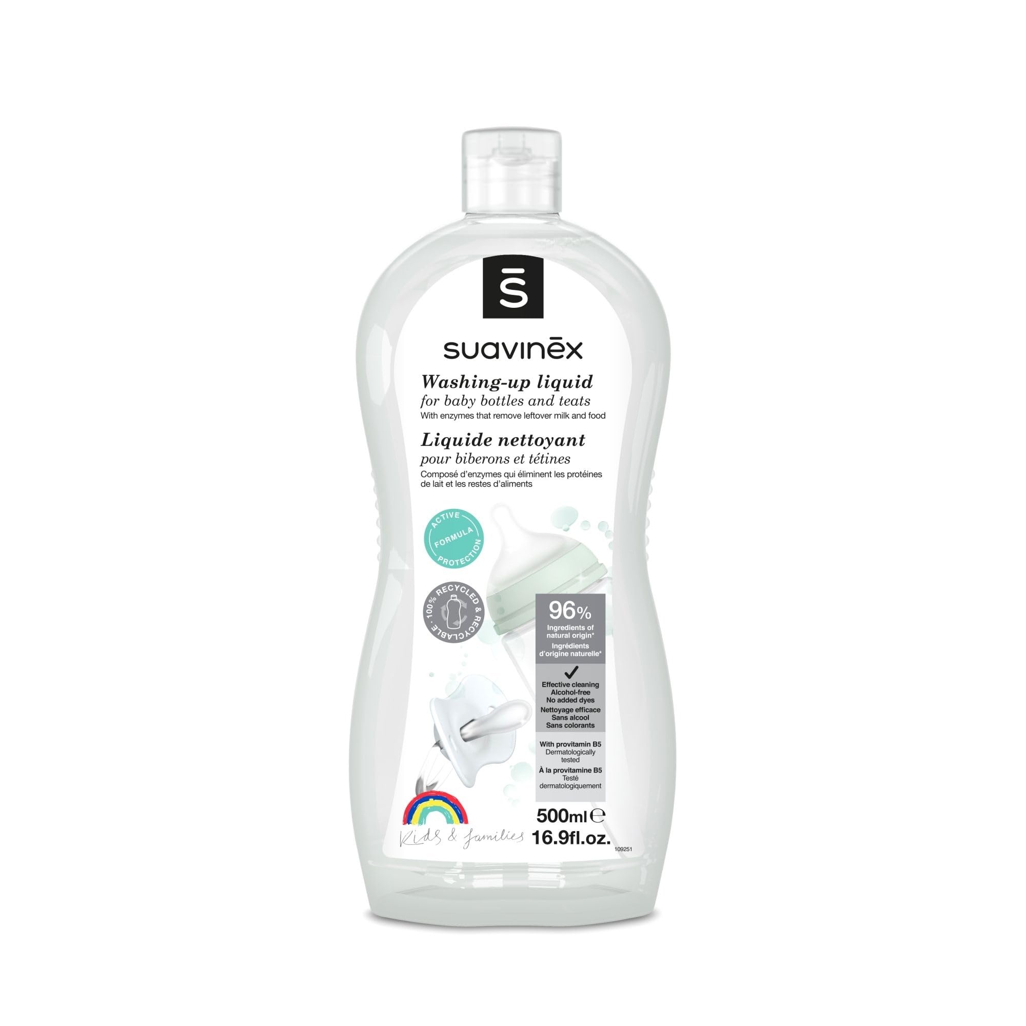 Suavinex, Washing Up Liquid for Bottles, Teats and Accessories. Bottle Cleaner Liquid. Fragrance and Colourants. Dermatologically tested. 96% Natural Ingredients. 500 ml