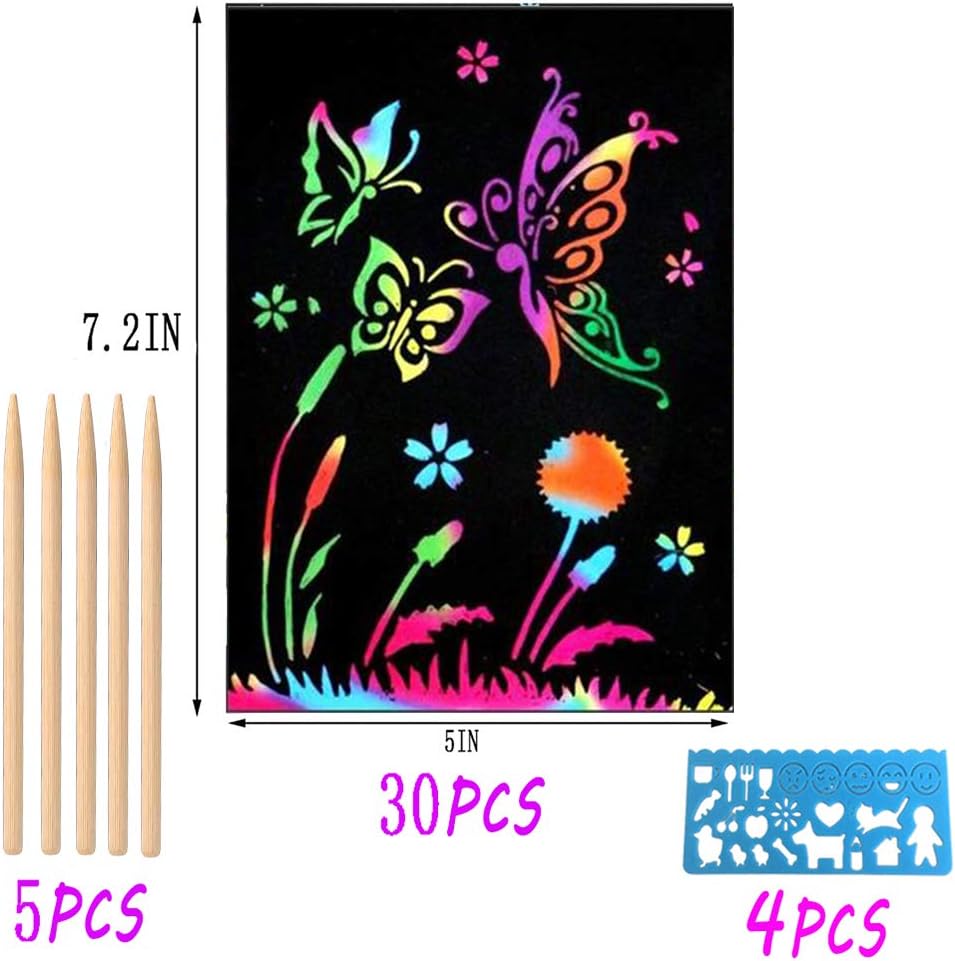 Dsmile Scratch Art Paper Set, 30 Piece(7.2IN x 5IN) Rainbow Magic Scratch Paper Craft Kit for Kids Black Scratch Off Art Crafts Notes Boards Sheet with 5 Wooden Stylus 4 Drawing Stencils