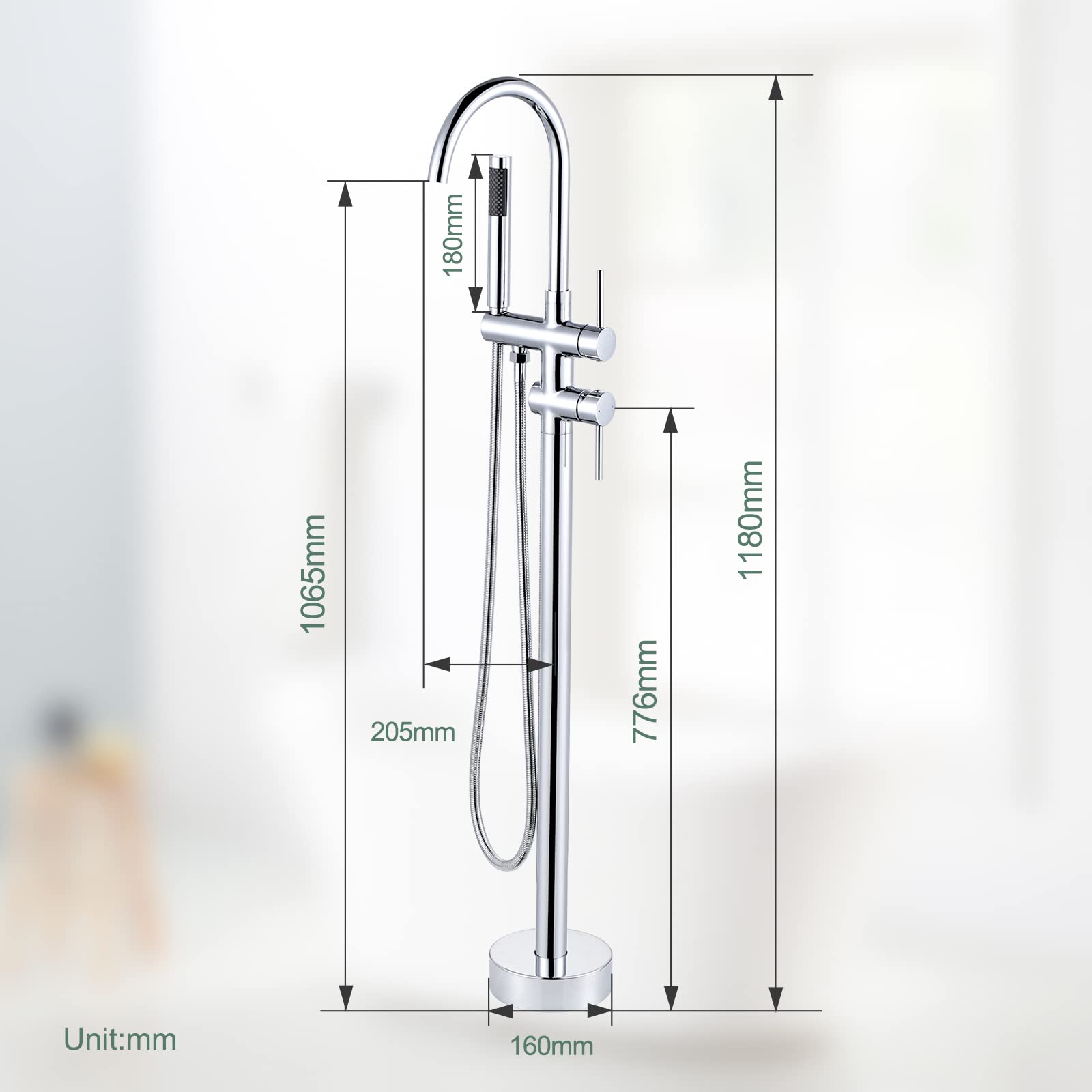 ARCORA Rubinetto Vasca a Pavimento, Miscelatore Vasca Autoportante, Rubinetto da Vasca da Bagno a Colonna​ con Doccetta, Girevole 360°, Rame e Acciaio Inox, Cartuccia Ceramica, Cromato