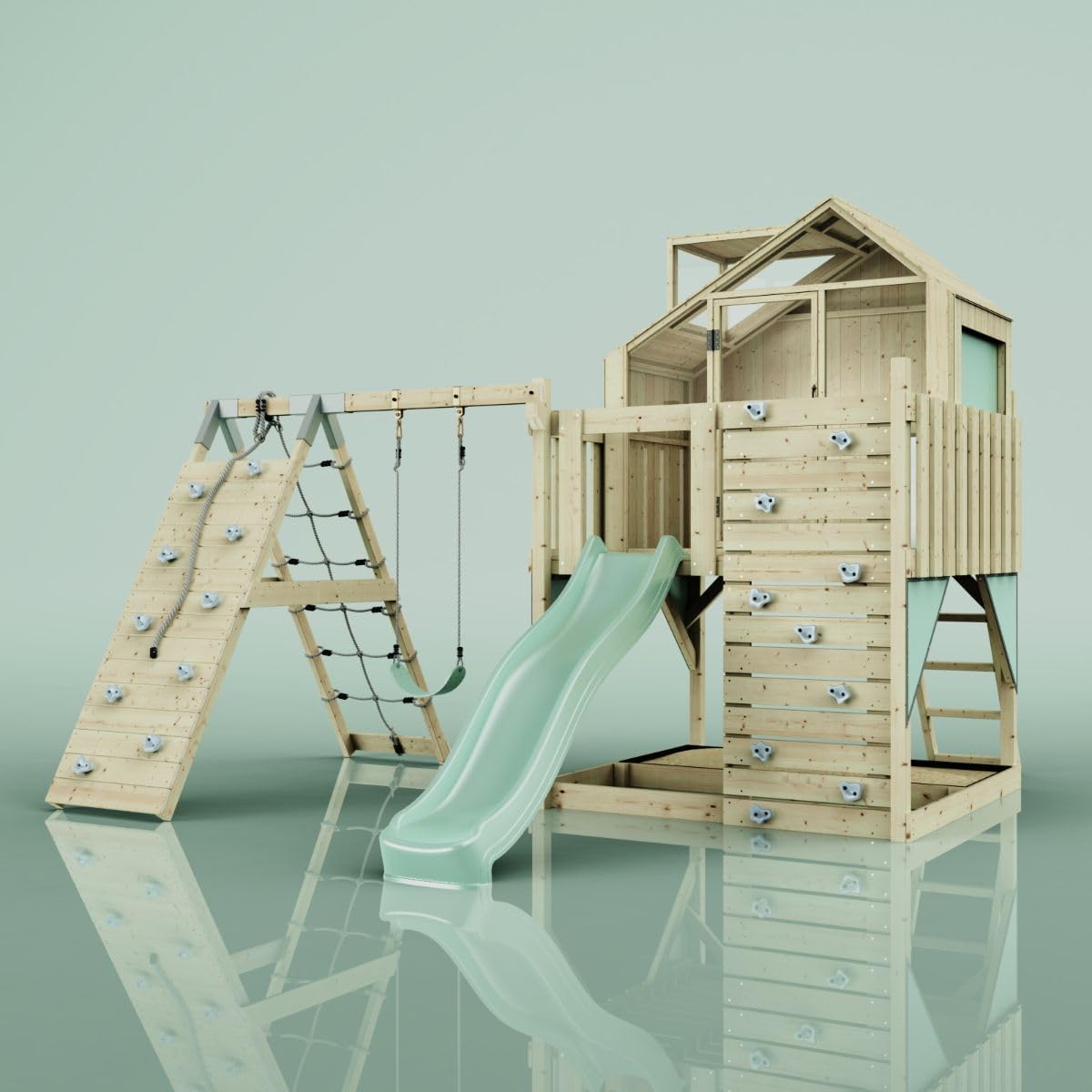Rebo Outdoor Spielturm mit Wellenrutsche, Spielhaus aus Holz mit Kletterwand, Kletternetz,Mintgrün