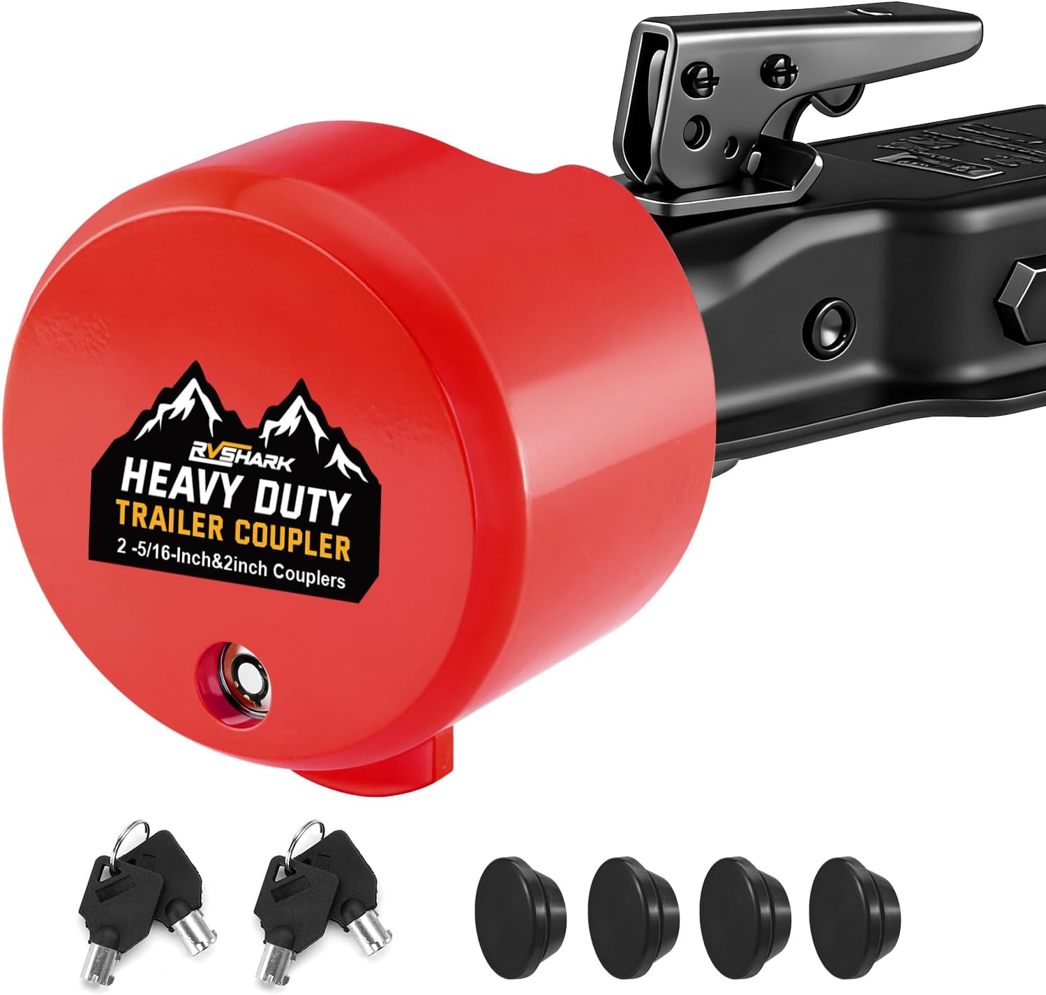 Trailer Hitch Lock, Heavy Duty Trailer Coupler Lock Fits 2-5/16"&2" Couplers, Anti-Theft Structural Steel Tongue Lock Essentials Accessories for RV, Trailer, Boat, Cargo, Camper, Utility–RED