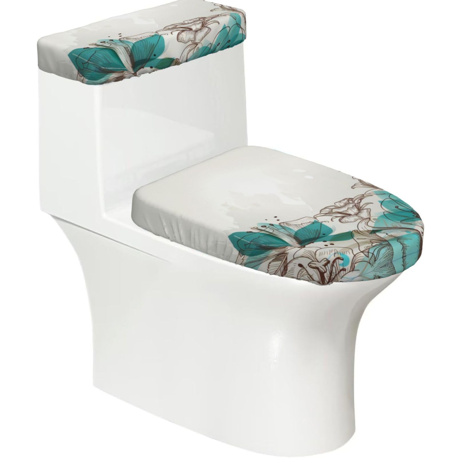 Turquoise Teal Floral 2-Piece Toilet Seat Cover Set with Tank Lid - Elastic for U-Shape & Elongated - Bathroom Decor