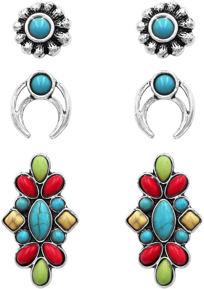 Rosemarie & Jubalee Women's Set of 3 Pairs Western Cowgirl Fun Concho Style Natural Howlite Post Back Earrings