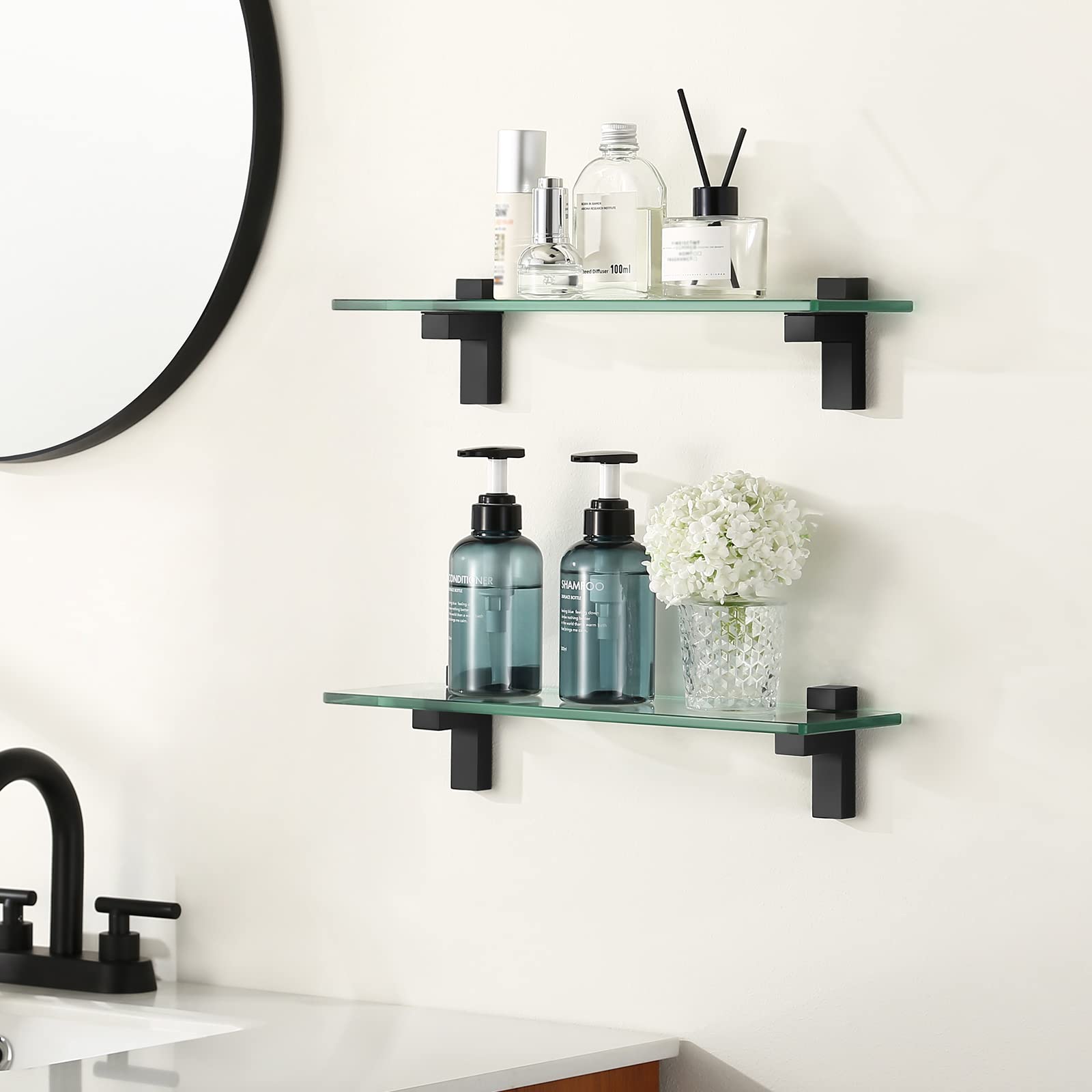 KES Etagere en Verre Noir Etagere Salle de Bain 40CM, 2 Pièces Étagère en Verre Trempé 8mm Tablette Verre Étagères Murale, BGS3201S40-BK-P2