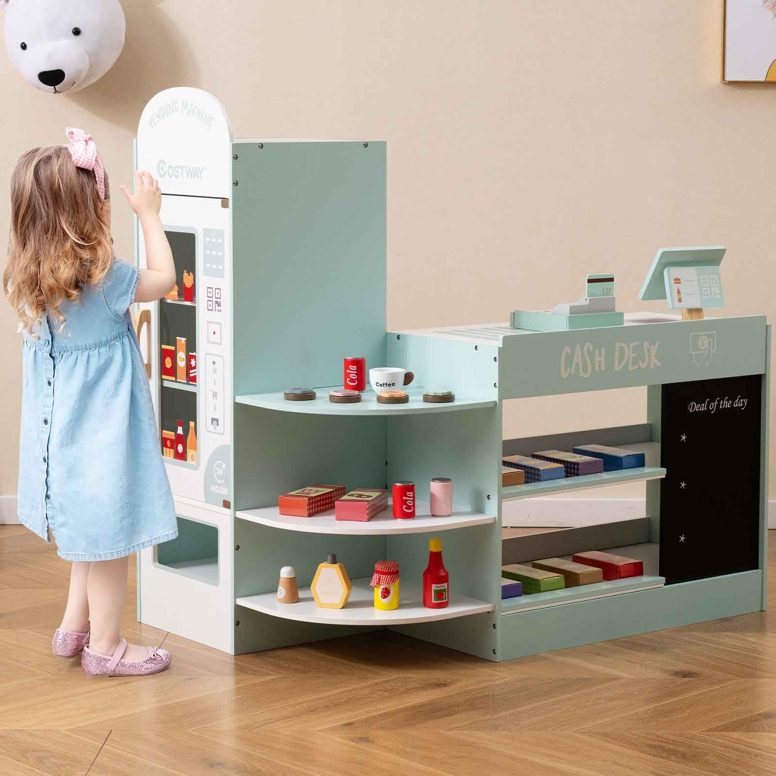 HOMASIS Tienda Infantil de comestibles, Tienda de Madera con mostrador Lateral, Juego de supermercado con Caja registradora, TPV, Máquina expendedora, para niños de 3 a 8 años (Verde Claro 89x57x88)