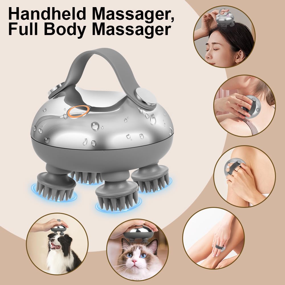 Masajeador Cabeza Electrico,Masajeador de Cuero Cabelludo y Cuerpo Portátil Recargable Impermeable, con 8 Cabezales de Masaje de Repuesto, para el Crecimiento del Pelo de Personas y Mascotas