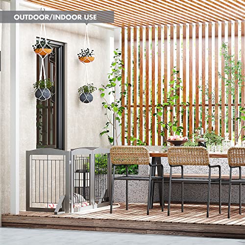 PAWLAND Extra Wide Outdoor Dog Gate for The Doorway, Stairs, House, Solid Wood Pet Gate Indoor, Freestanding Foldable Gates for Dogs, Support Feet Included, 96 in Wide 30 in Tall, 4 Panels (Gray)