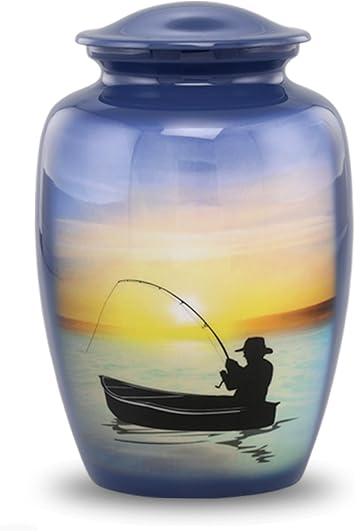 Fishing Urn - Full Size Gone Fishing Cremation Urn - Adult Urns for Men and Women Fisherman Funeral and Memorial Urns for Human Ashes Upto 210 Lbs with Velvet Bag Large