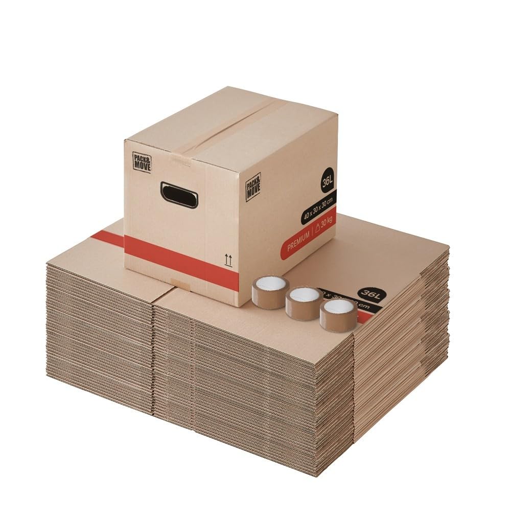 Pack and Move - Zestaw 50 kartonów do przeprowadzki książek premium - 40 x 30 x 30 cm - ekstremalna wytrzymałość 30 kg - wzmocnione uchwyty - 3 sztuki klejów