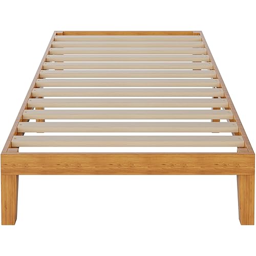 DUMOS Solid Wood Bed Frame, Twin Size Bed Base with Wood Slat Support, Sturdy, Stylish & Noise-Free Design, No Box Spring Needed, Easy Assembly, 12 in Natural Pine
