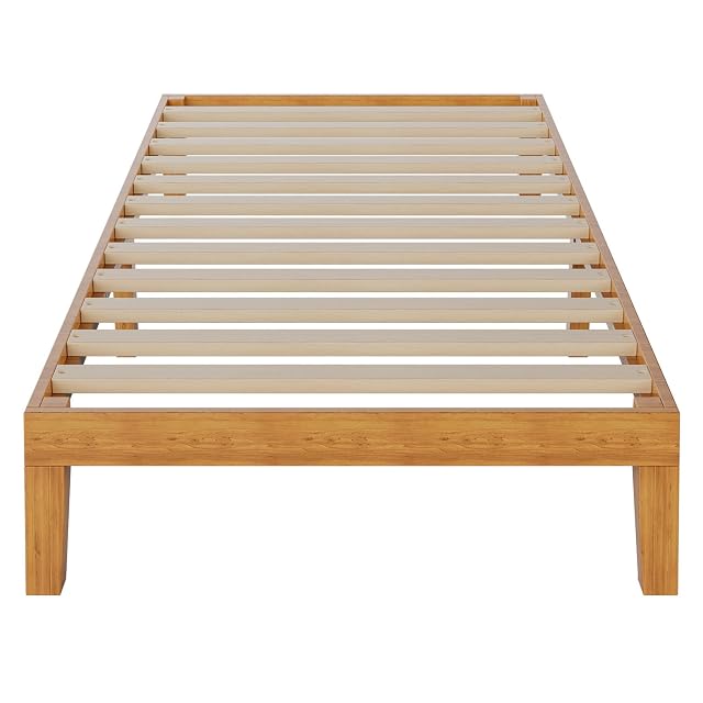 DUMOS Solid Wood Bed Frame Twin Size Bed Base with Wood Slat Support Sturdy Stylish Noise-Free Design No