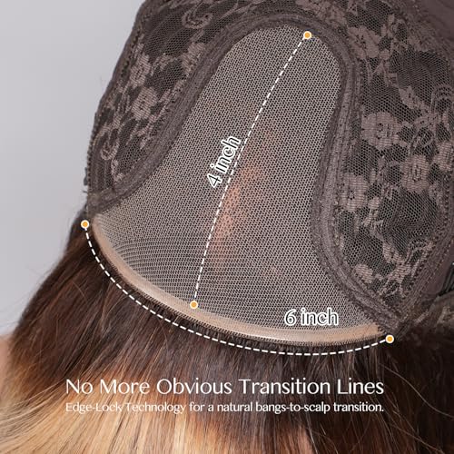 Image of 6x4 Lace Ombre Brown Mixed Blonde Bob Real Human Hair Wig with Bangs for White Women Straight Layered Lace Front Closure Curtain Bangs 2 /27 Wear and Go Glueless 100% Human Hair Wigs 16 Inch