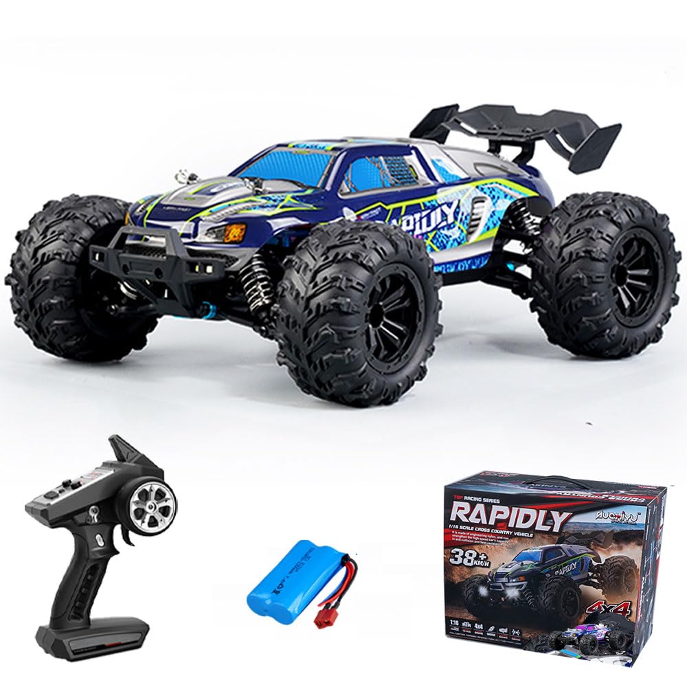 Zdalnie sterowany samochód 50 km/h, 1/16 RC wysoka prędkość Offroad Drift, silnik ze szczotką węglową 2,4 G, 4WD Off Road Race Buggy dla dorosłych, 1 bateria (niebieski)