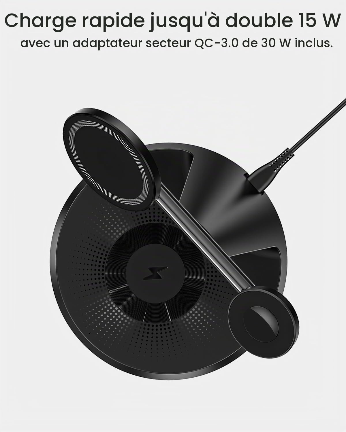 QTlier Station de Charge Apple 30W, Chargeur Induction 3 en 1 Magnétique, Chargeur sans Fil Mag-Safe Compatible avec iPhone 16/15/14/13/12 Série, Apple Watch 8/7/6/5/4/3/2/SE et AirPods 3/2/Pro-Noir