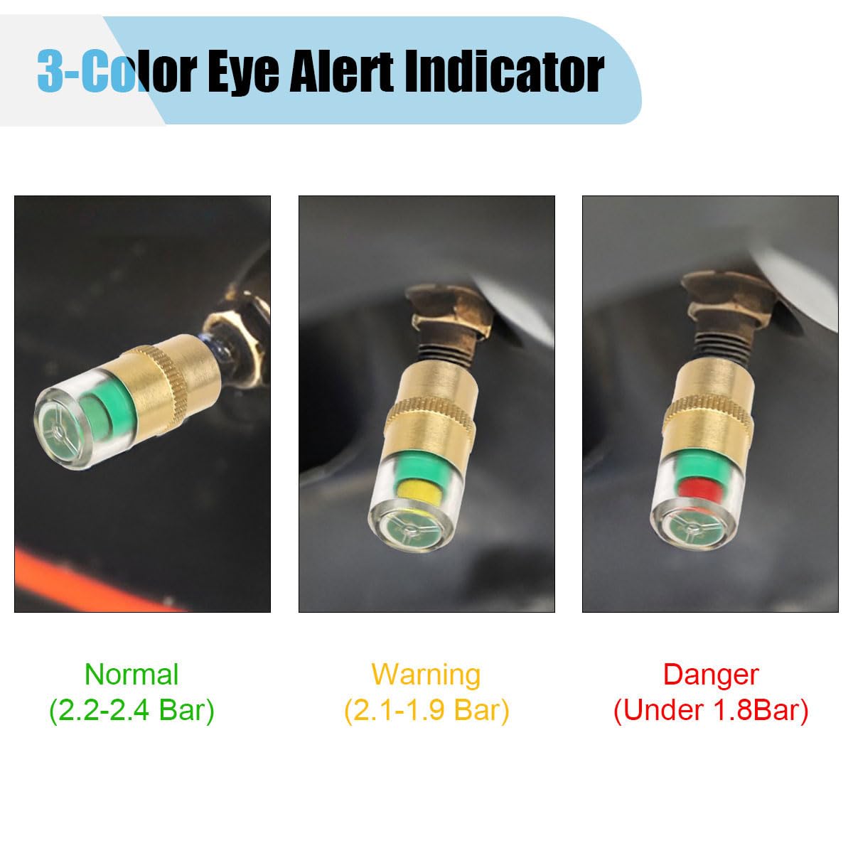 Lot de 12 bouchons de valve de surveillance de la pression des pneus de voiture, 3 couleurs, bouchons de valve d'alerte oculaire avec indicateur de capteur, 2,4 bar 36 PSI pour voitures, SUV, camions