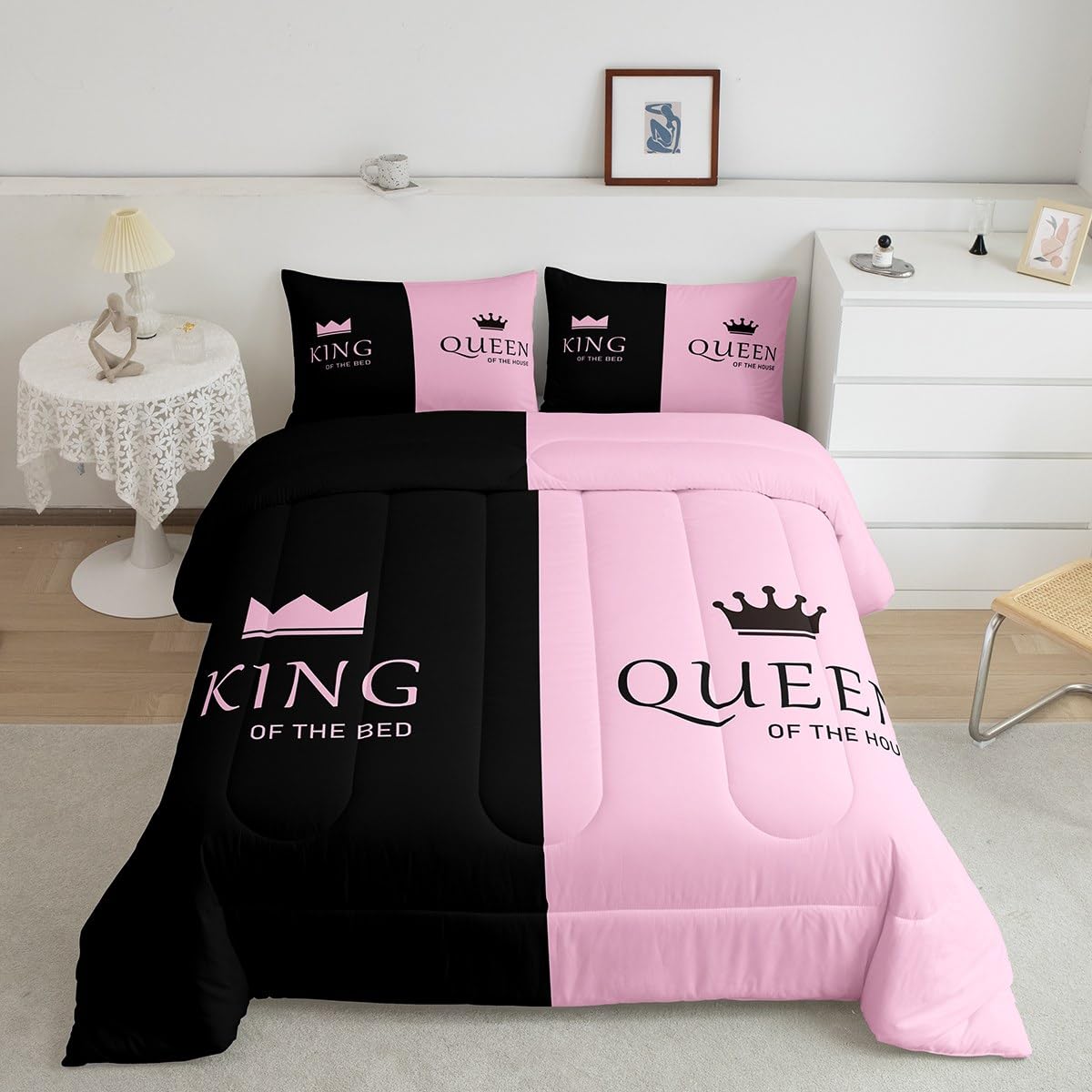 Feelyou Crown Queen and King Bedding Set King Size, Pink and Black Comforter Set Crown His and Hers Comforter Kids Toddler Romantic Valentine's Day