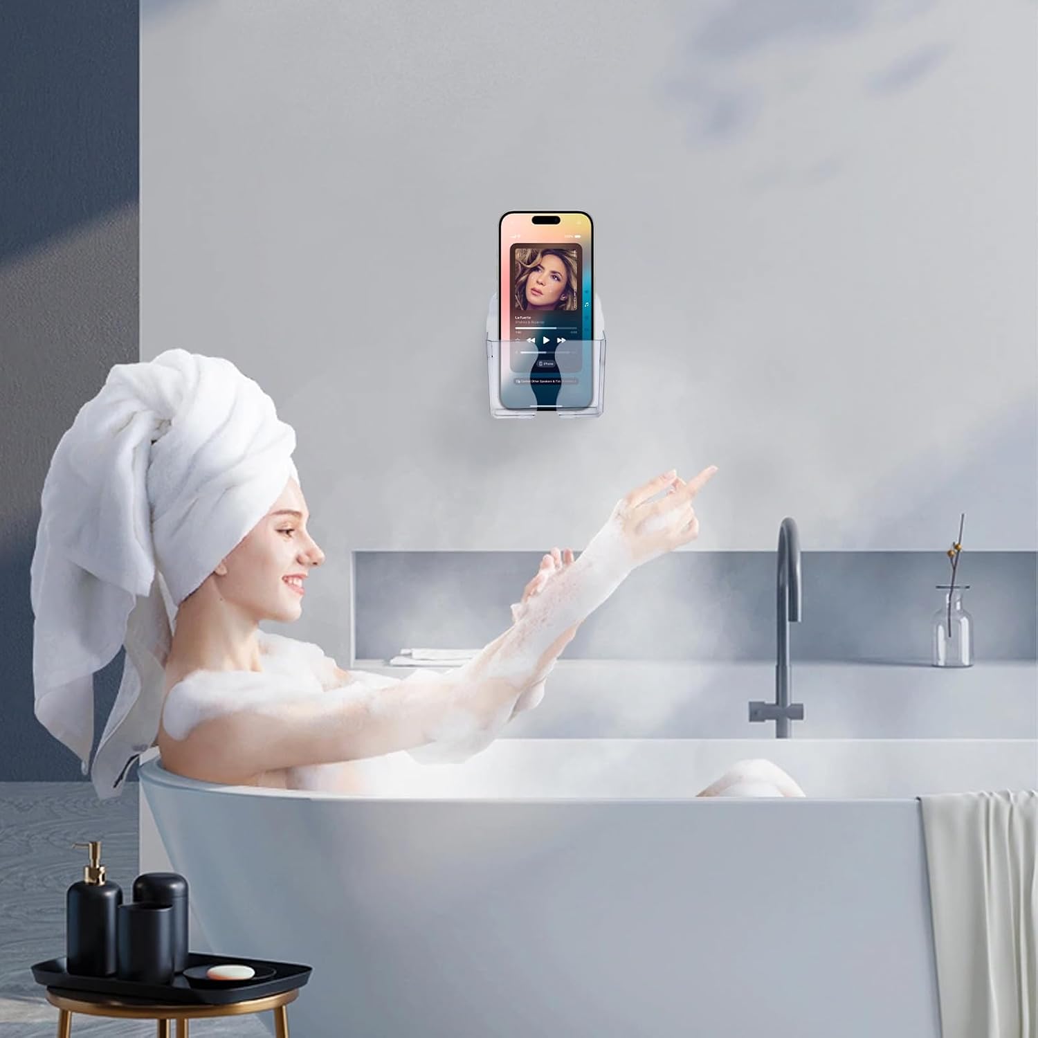 6PCS Wall Mount Phone Holder, Clear Phone Stand with Charging Hole | Cell Phone Stand Self Adhesive, Plastic Cradle Bedside Organizer Remote Control Stand for Home Office