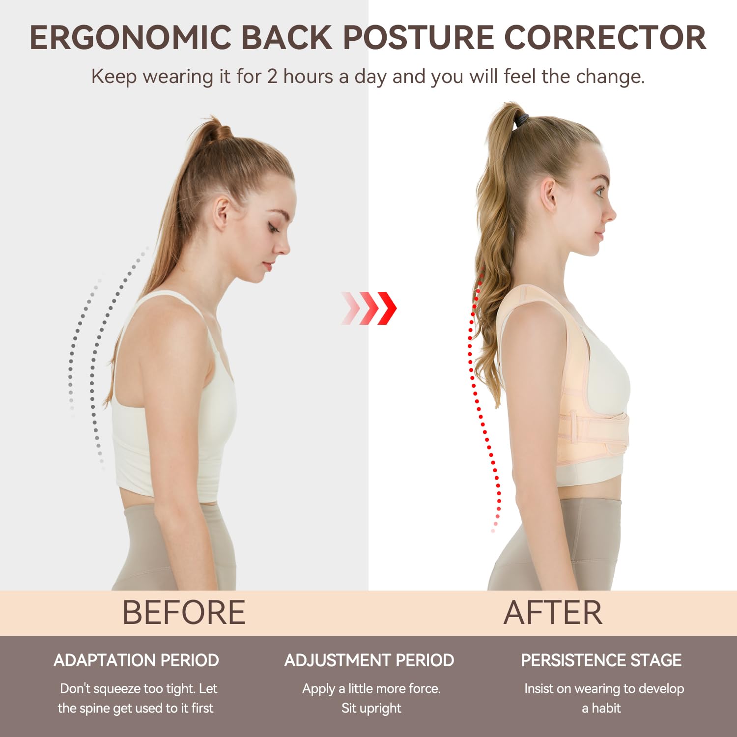 Posture Corrector Shoulders Back, beżowy, wygodny i oddychający, regulowany pasek dla kobiet do odciążenia szyi, ramion i górnej części pleców (S/M)