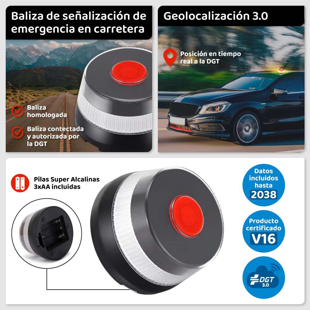 EL CARRITO DEL AHORRO Faro V16 Omologato DGT Spagna | Dispositivo Luminoso V16 Geolocalizzato | Connessione Gratuita fino al 2038 | Base Magnetica | Luce Emergenza Auto Moto Viaggio Spagna