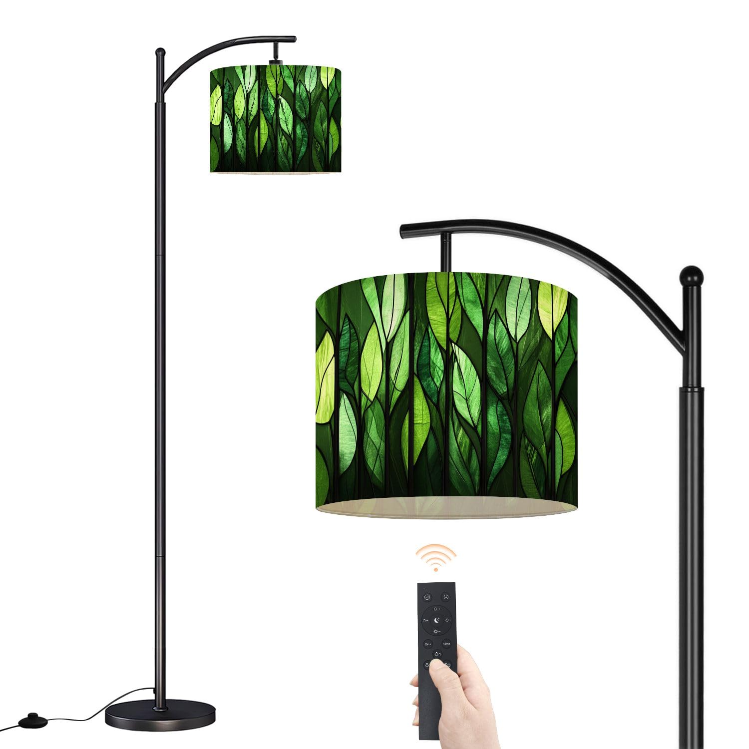 Arc Floor Lamp Decorative Stained Glass Dark Green Abstract Leaves Hues Vertical Dimmable Modern Standing Lamp with Remote Adjustable Drum Shade