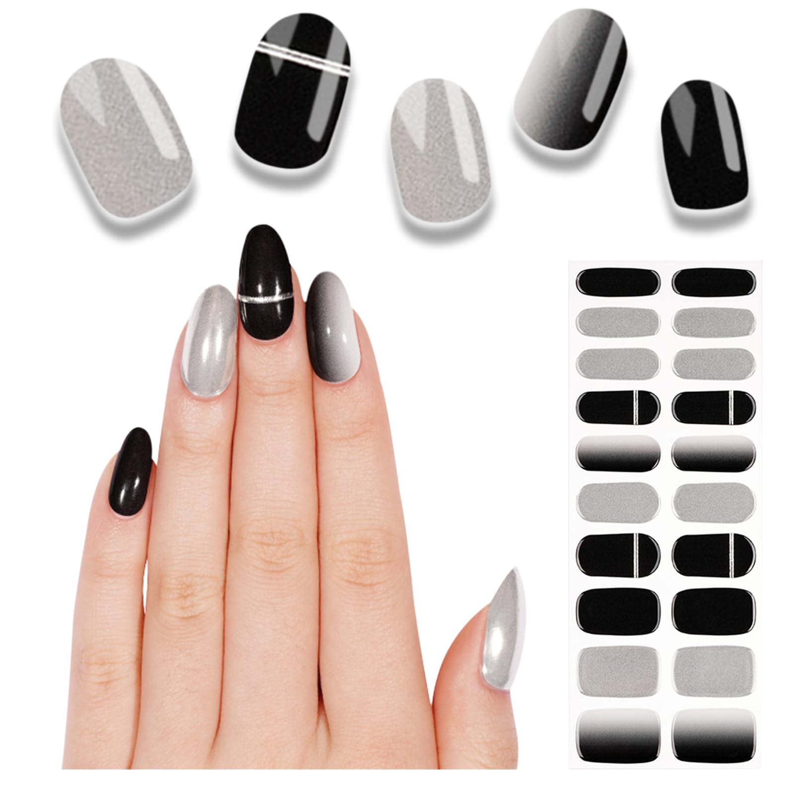 Wekcekcek Semi Cured Gel Nail Strips, 20pcs Phantom Black Grey Gel Nail Stickers - Works with Any UV Lamps, Long Lasting Full Wraps, Easy to Apply and