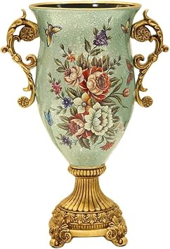 European-Style Retro Resin Large Flower Vases for Living Dining Room Table Centerpiece Bedroom Office Hotel Home Decoration Hand-Painted Tall Decorative Vase, 16 49 22cm