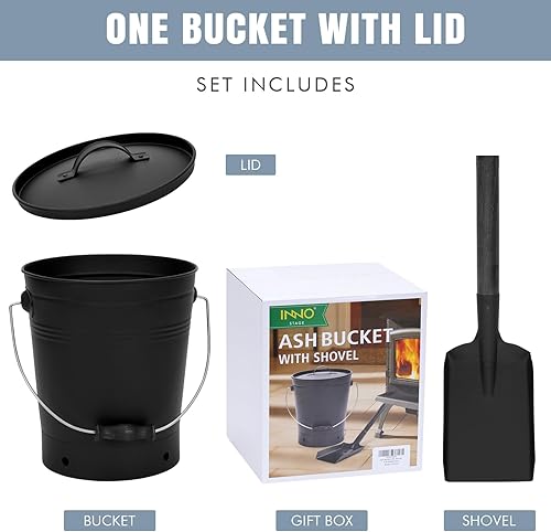 Miniatura 8 de INNO STAGE Cubo de cenizas con tapa y mango de madera, pala de carbón, cubo portador de cenizas, herramientas de chimenea, hoguera, estufa de leña