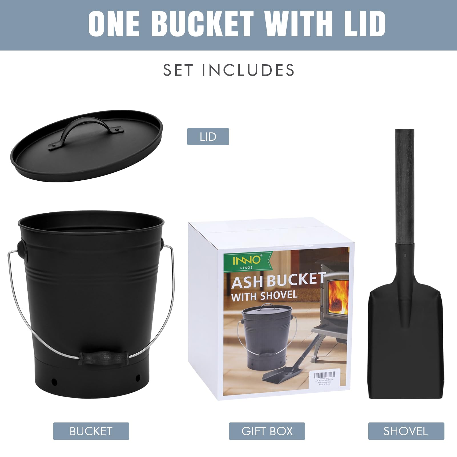 INNO STAGE Ash Eimer mit Deckel und Holzgriff Kohleschaufel, Aschenträger Pail Kamin Werkzeuge, Feuerstelle, Holzofen Schwarz
