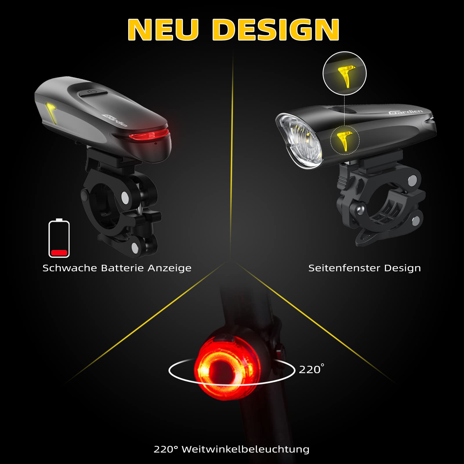 Gardien Fahrradlicht Set USB - LED Front- Und Rücklicht Wasserdicht IPX5