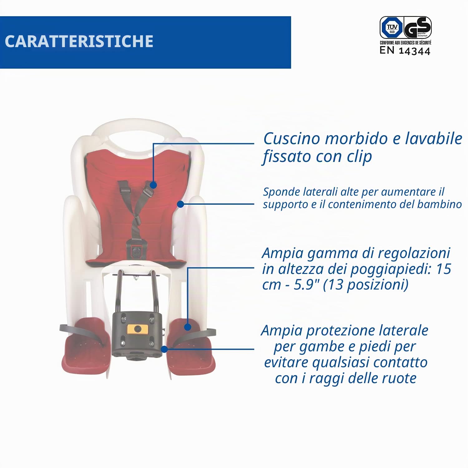 Bellelli Mr Fox - Seggiolino Posteriore per Bicicletta - per Bambini fino a 22 kg, da 3 a 8 anni - si Fissa al Telaio - Bianco e Rosso
