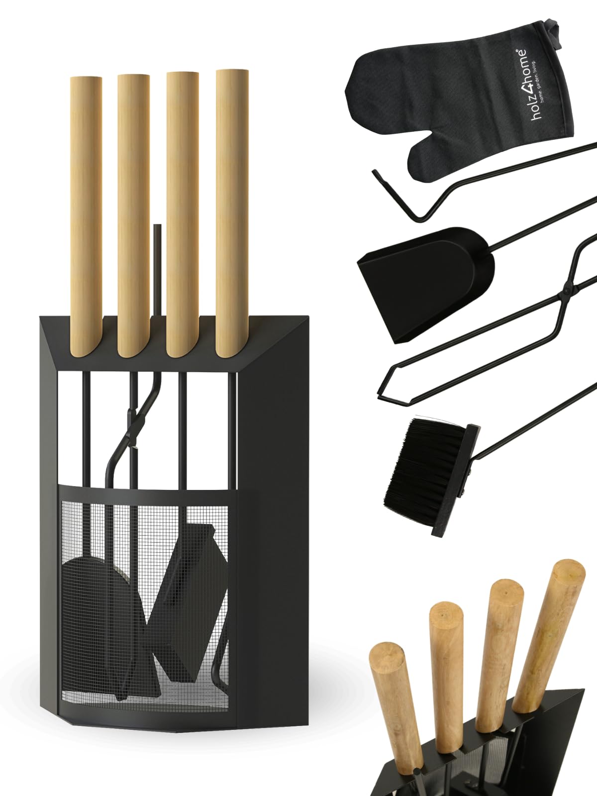 holz4home® Kaminbesteck 6-tlg. Schwarz mit Holzgriff inkl. Ofenhandschuh hitzebeständig I Kaminset Kamingarnitur Ofenbesteck Schürhaken Besen Ascheschaufel