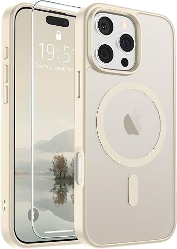 SUPFINE Magnetic for iPhone 16 Pro Max Case Antique White | With Screen Protector, Translucent Matte, Compatible with MagSafe, Military Grade Drop Proof, Rugged Shockproof Protective