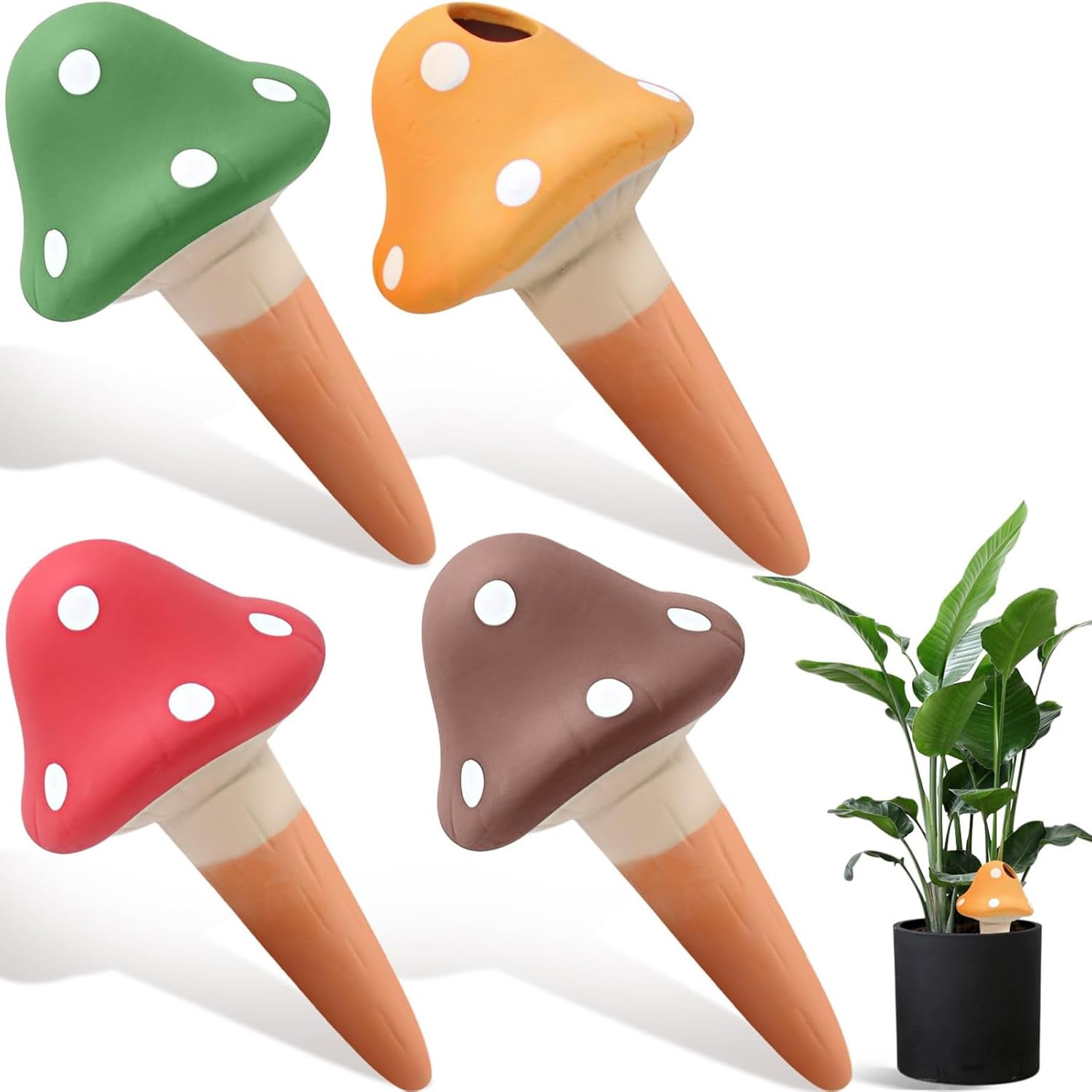 Zheigaoxea 4PCS Terracotta Spikes, Mushroom Shaped Self Watering Globes, Slow Release Self Watering Planter Insert, Plant Watering Globes for Indoor and Outdoor Plants