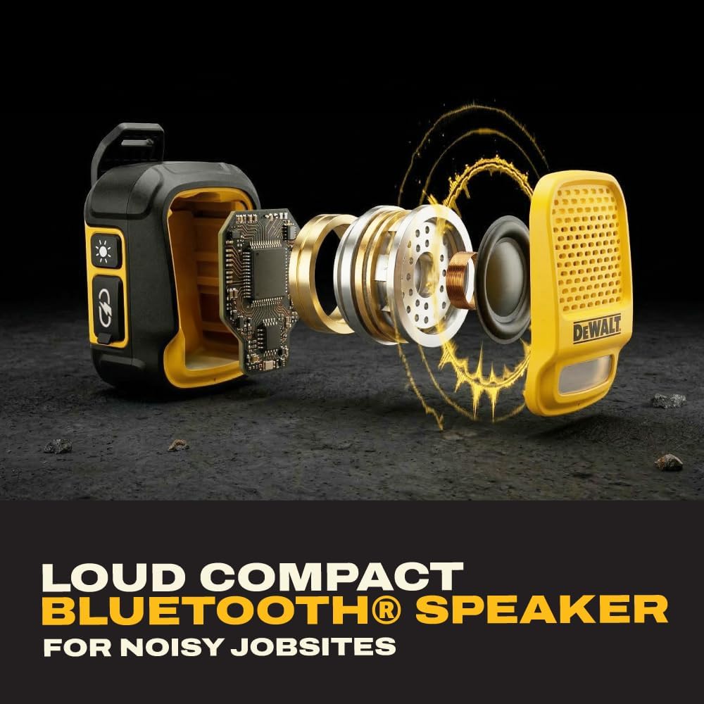 DEWALT Heavy Duty Wearable Bluetooth Speaker Pro Max (New Model) Jobsite Clip-On Mini Speaker w/LED Work Light, IP56 Water Resistant, 12H Runtime, Built-in Mic & Multi-Speaker Link thumbnail