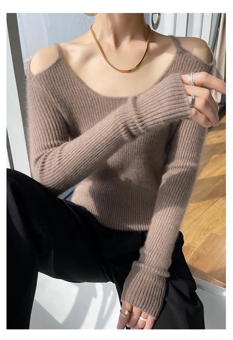 Maglione da donna lavorato a maglia in cashmere con scollo rotondo senza spalline, slim