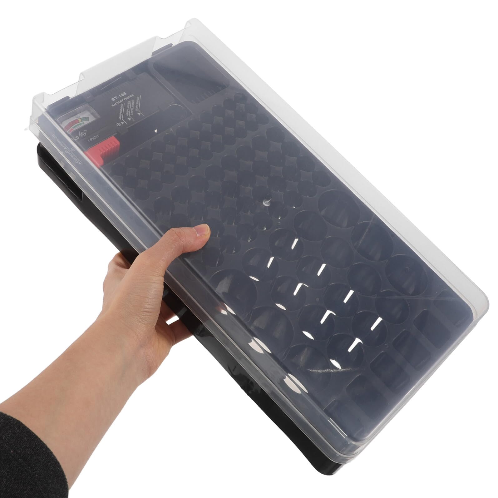 Contenitore Batterie Organizzatore Classificato Tester LED in Plastica | Scomparti per Aa, Aaa, C, e 9v, Slot Sigillati, Formato Portatile per Casa e Campeggio