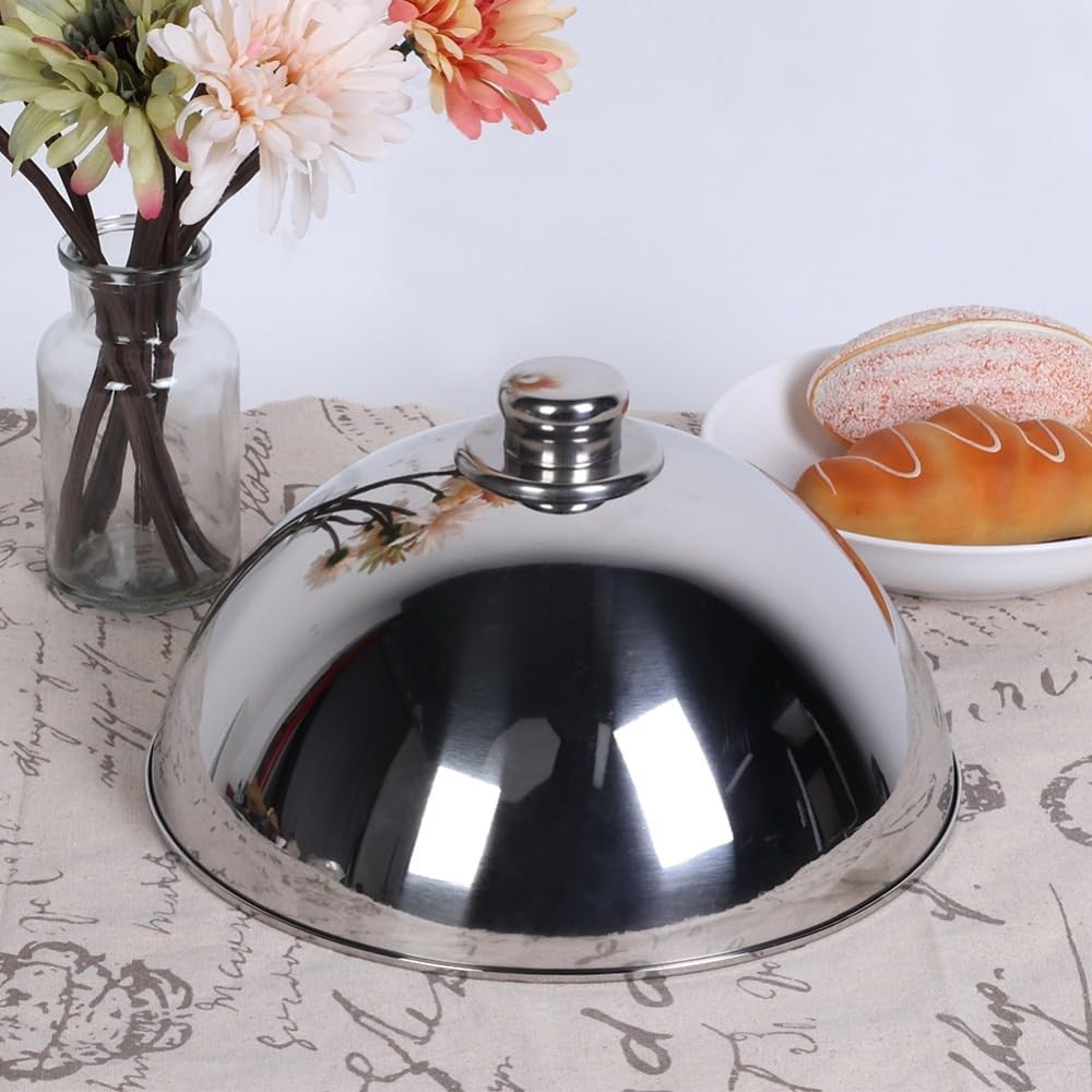 Limen Stainless Steel Food Dish Cover Lid,Anti Fly Serving Dish Cover with Silver Bead Handle,12.5in Silver Dome Cover for Buffet Hotel Restaurant