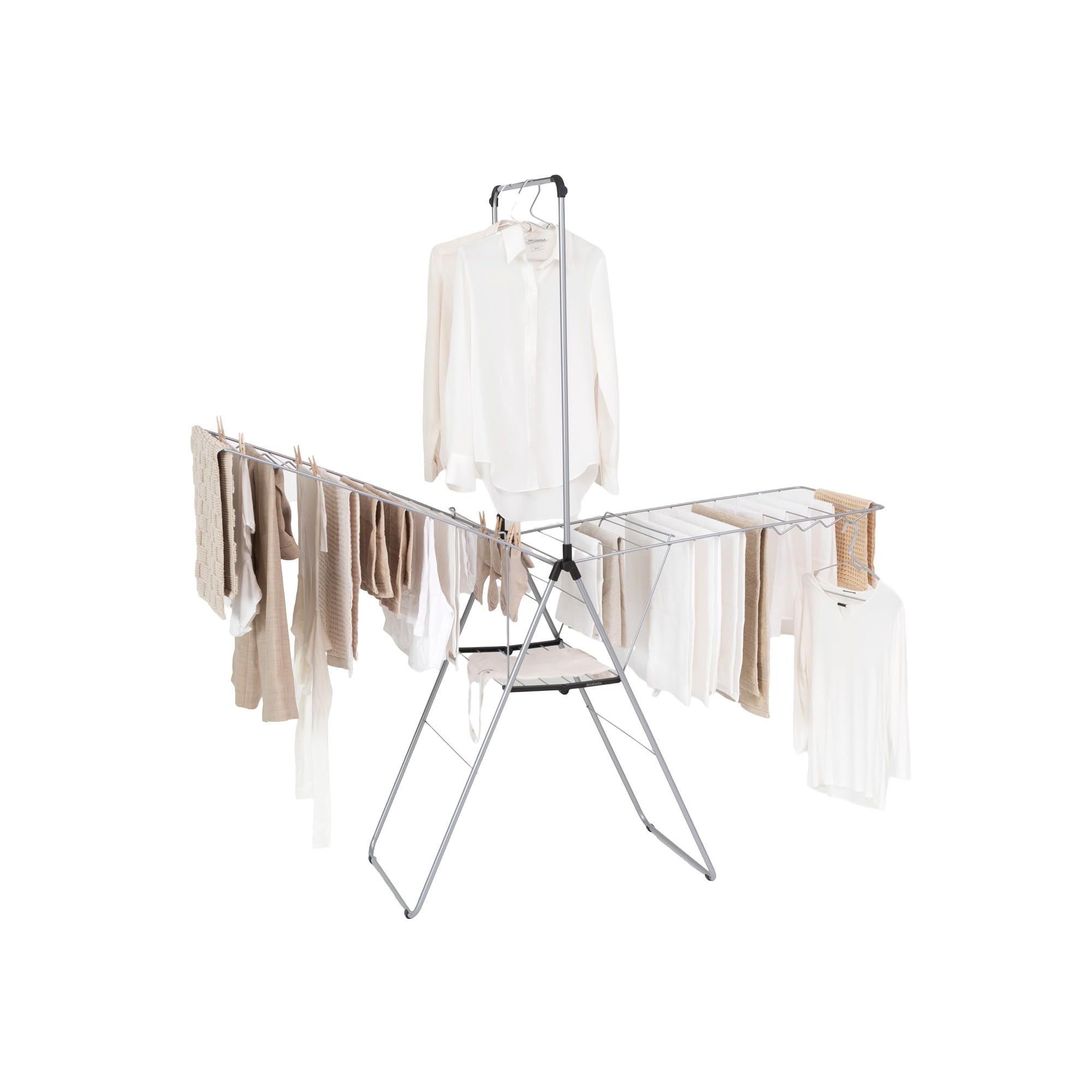 Brabantia HangOn Drying Rack, 25 metre with Hanging Rod, Matellic Grey - 22.5 kg Maximum Load - with Adjustable Wings, Child Lock and 8 Hanger Hooks - Drying Platform for Delicate Laundry