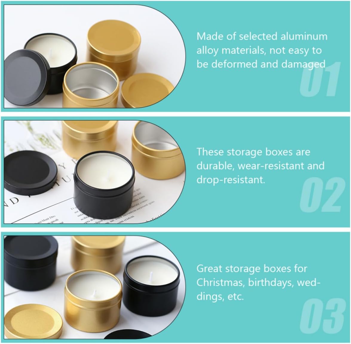 Aluminum Alloy Empty Candle Jars Reusable Travel Tins 6pcs 50ml Black