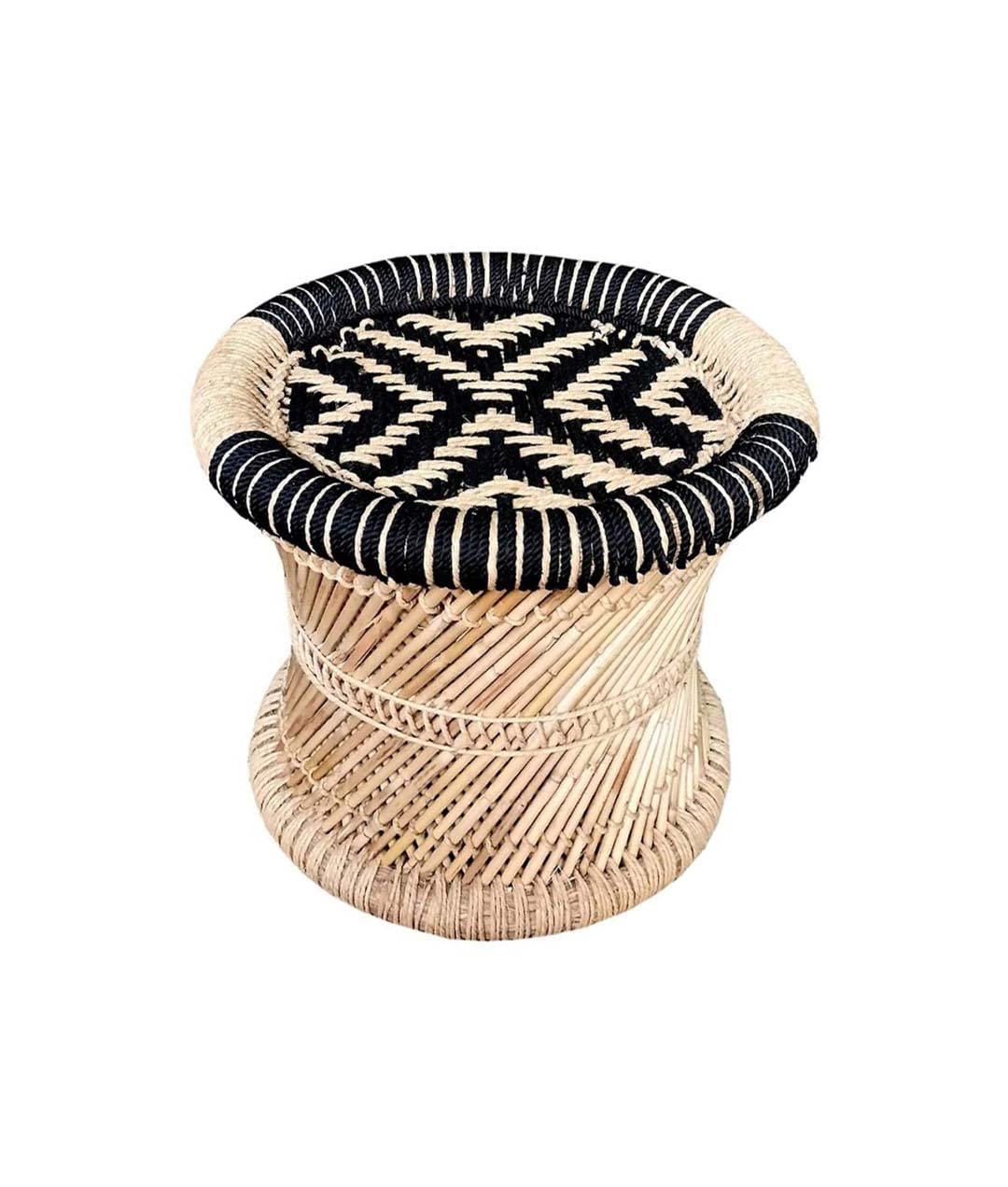 Natural and Handmade Bamboo Mudda Stool with Black and Beige Triangle Design - 15 X 15 Inch
