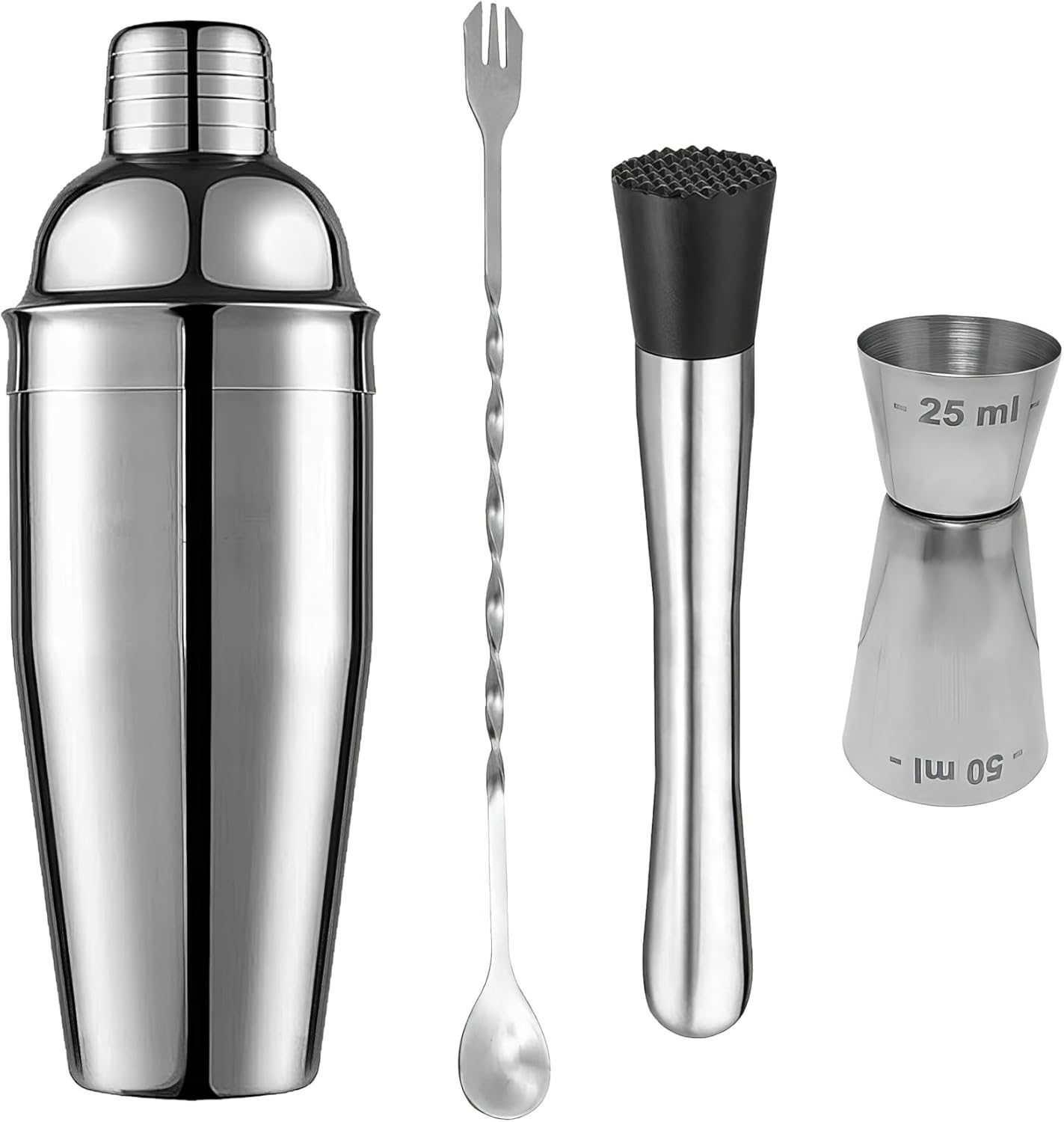 Çelik 700 ml Shaker Kokteyl Kaşığı ve Bar Tokmağı Kokteyl Bardağı Seti cin589